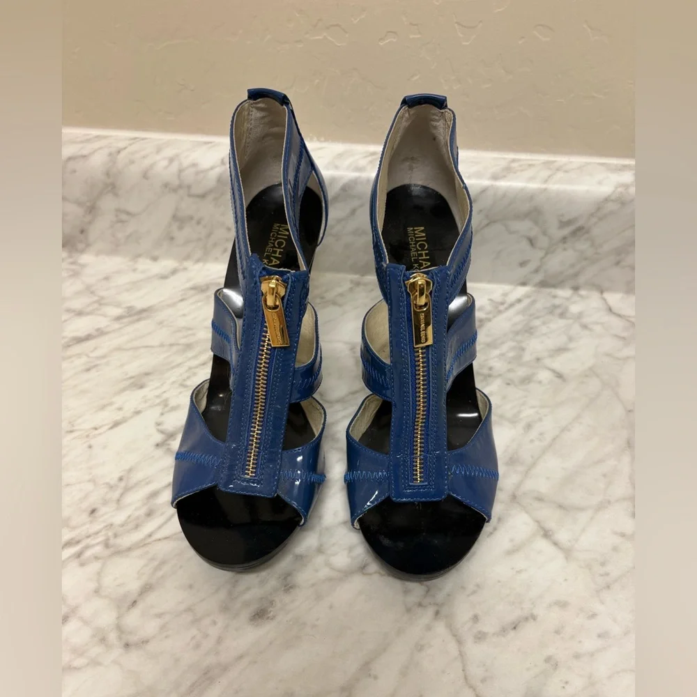 Michael Kors Blue Patent Leather Zip Front Platform Sandals